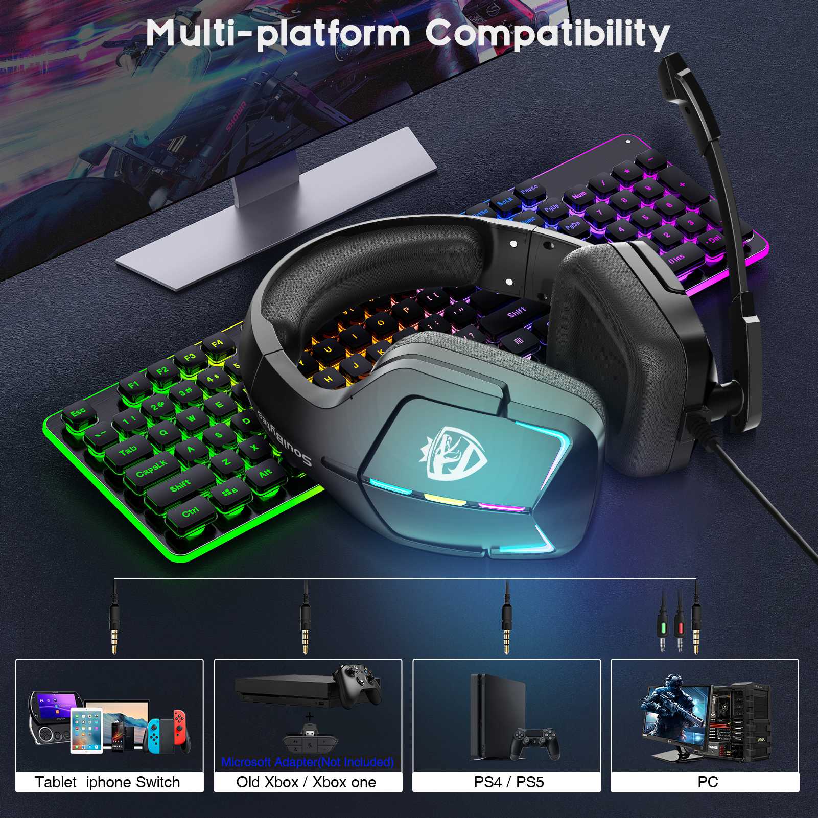 SOULBYTES S12 USB+3.5mm Wired Over-Ear Gaming Headphone RGB LED Light Professional E-sports Headset with Adjustable Microphone SOULBYTES S12 USB+3.5mm Wired Over-Ear Gaming Headphone RGB LED Light Professional E-sports Headset with Adjustable Microphone
